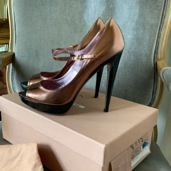 miu miu Capretto Lamina Cammeo metallic rose gold copper open peep toe Mary Jane - Picture 8 of 14